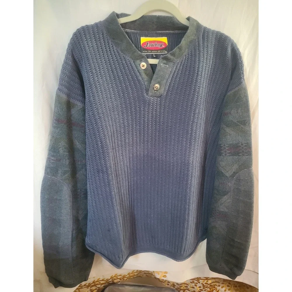 Jawbox Vintage Ribbed Henley Sweater Blue Patterned Sleeves JBX Men Large